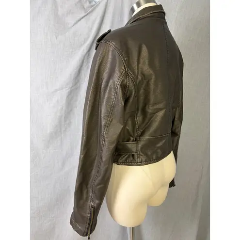 Stoosh Faux Leather Cropped Moto Jacket Brown XL Belted Biker Zip Short Coat - Image 9