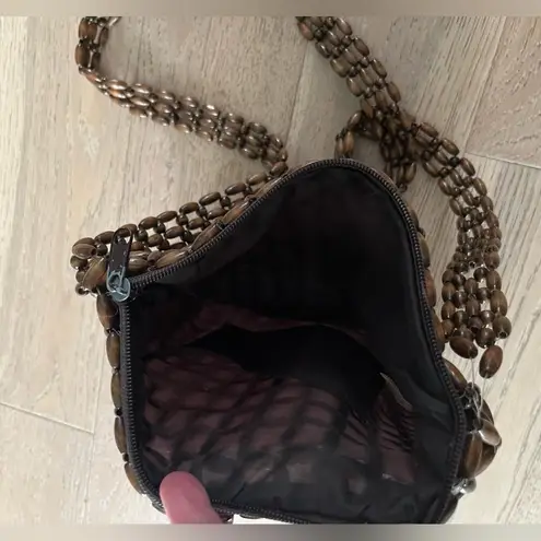 Vintage Wooden Bead Crossbody Bag Boho Brown Woven Shoulder Purse Handmade