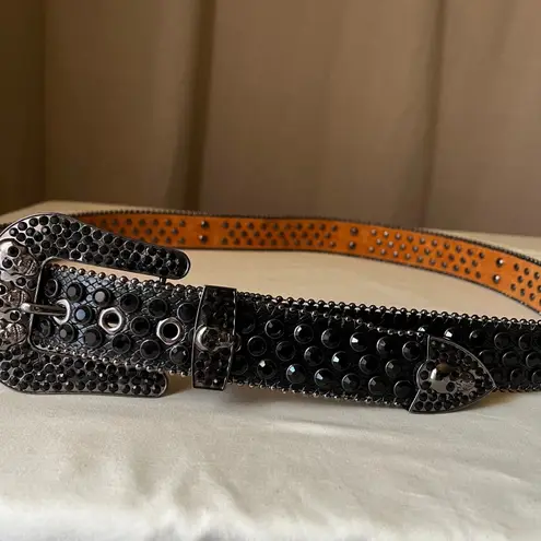 Black Rhinestone Skull Studded Western Belt XXL 1.5" Punk Rock Goth Style