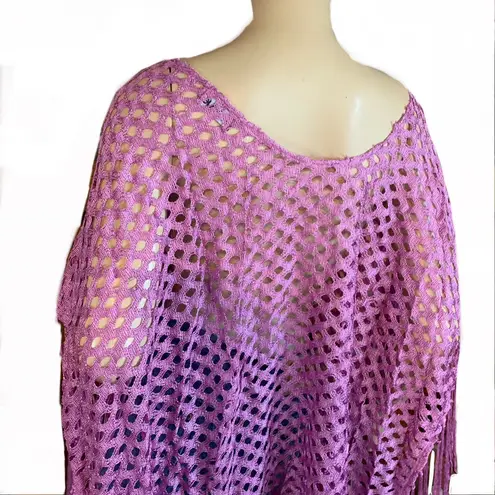 Avenue ORCHID PURPLE LOOSE KNIT PONCHO WITH FRINGE TRIM NWT (1X-2X)