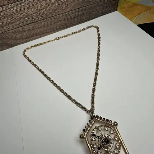 Rhinestone Clock Pendant Gold Tone 18 In Chain Vintage