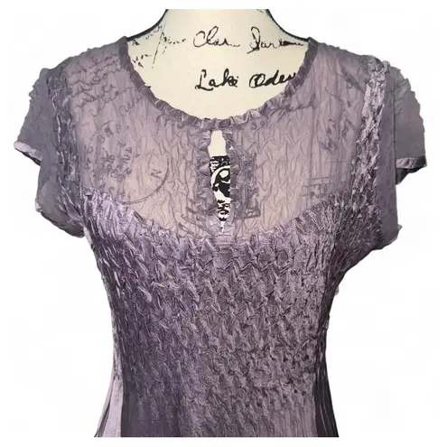 Komarov Sheer Overlay Midi Dress Purple Crinkled Bodice Keyhole Size XL