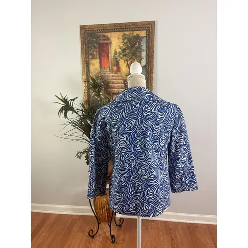 Rafaella Blazer Jacket Womens M Blue White Swirl Pattern 3/4 Sleeve Button Front