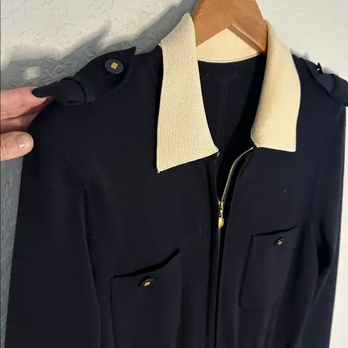 Vintage Rena Lange Navy Blue Jumpsuit Classic Logo Gold Buttons Zip Up Size 40 Size M