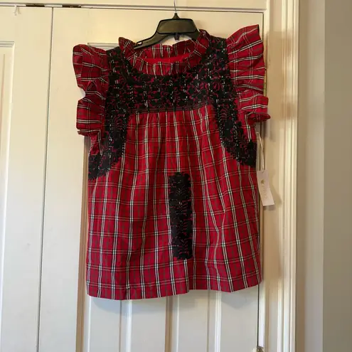 NWT J. Marie Rayna Embroidered Red Plaid Cap Sleeve Ruffle Neck Top Size XL