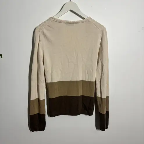 Crazy Horse Sweater Women L Tan Brown Bold Stripe 90s Ribbed Cable Knit Minimal Size L