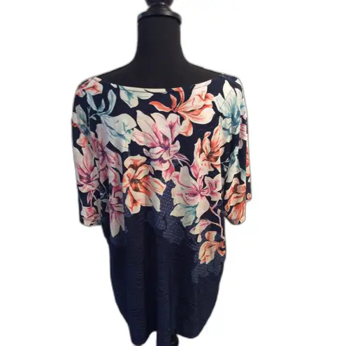 JM Collection Plus Size 3X Blue Floral Short sleeve Shirt Embellished