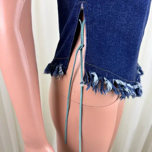 Y2K Clothes Compact Frayed Hem Spaghetti Strap Denim Jeans Top Size Medium Blue