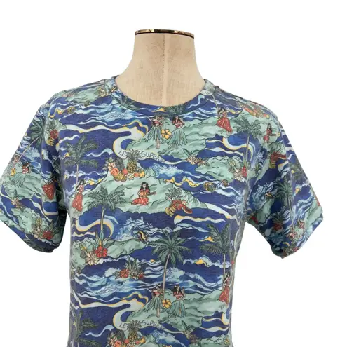 Le Superbe Fringed Tee Shirt Short Sleeve Hawaiian Print Blue Size Small