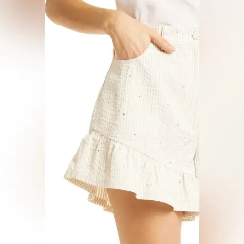 Cinq à Sept Neema Rhinestone Seersucker Shorts Cream Size 4 Ruffle Chic Preppy White