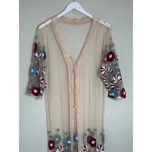 Sheer Embroidered Floral Kimono Duster S Cardigan Boho Crochet Trim Fringe Hem Tan