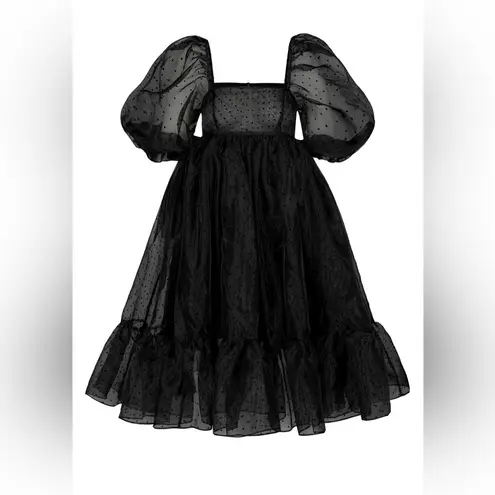 Selkie Caviar French Puff Dress Midi Black Polka Dot Organza XL NWT