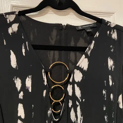 INC Size L Black White Mandala Wide Leg Cropped Jumpsuit Gold Ring Detail Belted