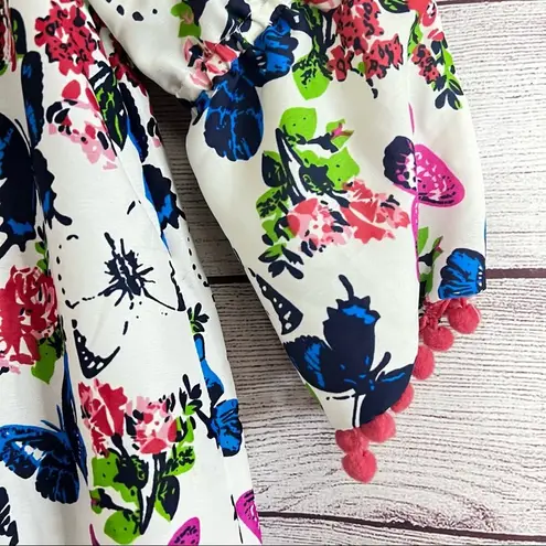 America & Beyond Womens Floral Butterfly Print Tassel String Hem Dress Sz S Blue