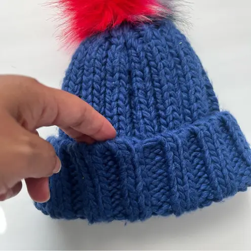 Boden Blue,Pink,White and Red Pom Pom Knit Ribbed Beanie Size XS Stretch Blue