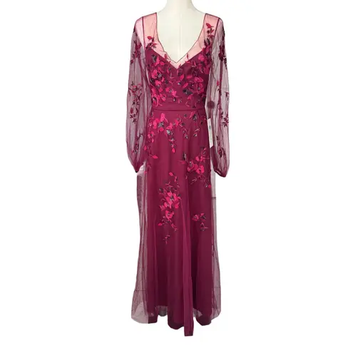 Theia Adora Beaded Sheer Sleeve Gown Fig Burgundy Red Size 4 NWT