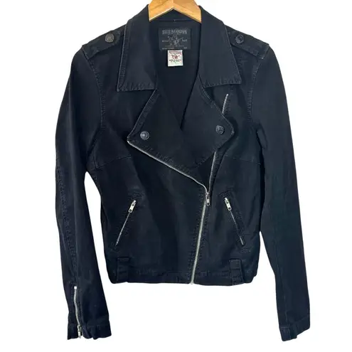 True Religion BLACK DENIM MOTO JACKET Size Large Biker