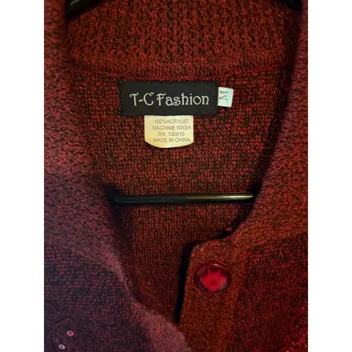 T C Fashion Red Knit Cardigan Sequined Embellished Button Down Pockets Size M Size M - Image 4