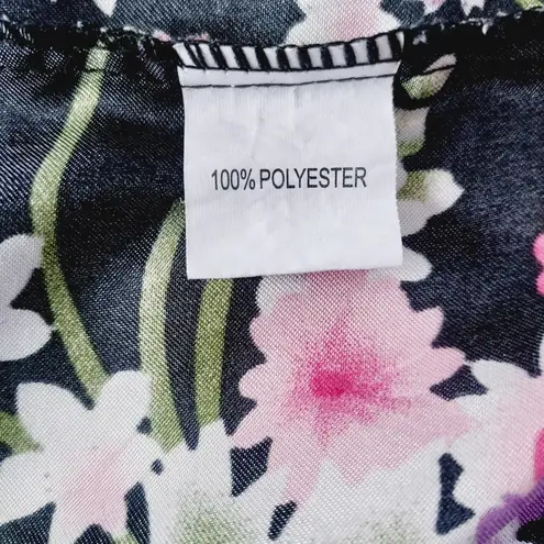 Silky Satin Robe Floral Pattern Kimono Short Black Size Small