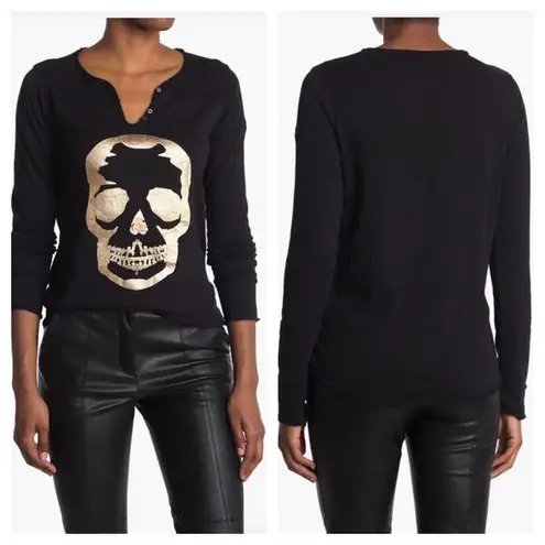 Zadig & Voltaire Foil Skull Print Henley Women Small Long Sleeve Tee Halloween