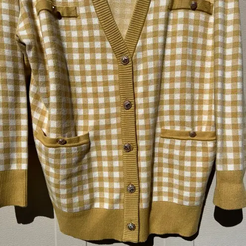 Joie Oversized Gingham Plaid Button Front Cardigan Yellow Mustard White Sz XL