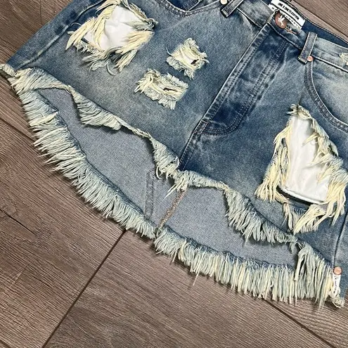 One Teaspoon  Junk Yard Low‎ Rise Distressed Curved Hem Mini Jean Skirt Blue 25