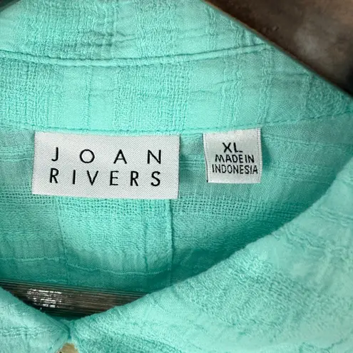 Joan Rivers Shirt XL Teal Textured Gauze Cotton LAGOM Coastal Boho Resort Indie Green