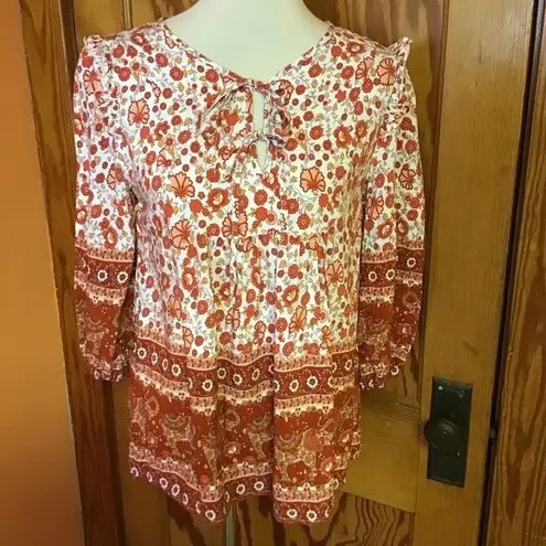 Bright Orange Floral Hippie Chic Peasant Top White