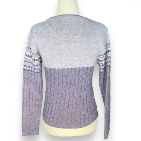 Vintage 90s Lavender Fair Isle Ribbed High V Neck Sweater Small Ski Cabincore Purple