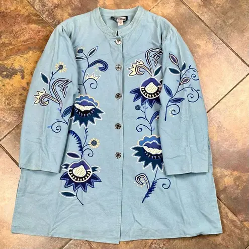 Indigo Moon Floral Button Up Long Jacket 3X Blue