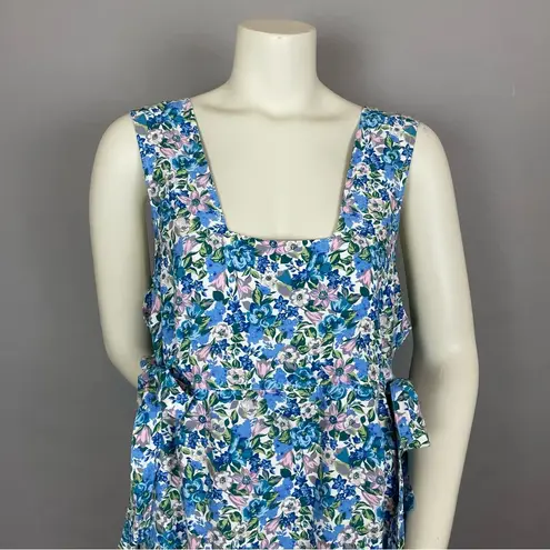 Vintage‎ Liberty Dress Apron Style Faux Wrap Side Ties Square Neck Blue Floral Size M