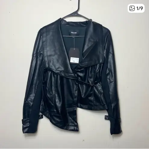 Draped Faux Ponte Black Leather Moto Jacket Asymmetrical for Women Small