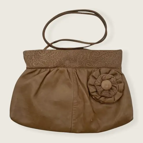 Saddle River Brown Faux Leather Paisley Flower Applique Frame Crossbody Bag