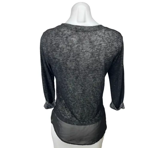 Olivia Moon Black Crew Neck Knit Satin 3/4 Sleeve Peplum Shirt Blouse Top Size S - Image 2