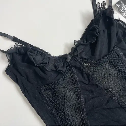 Escante Nighty Bodysuit Garter Belt Bra Underwire Sheer Mesh Netting Ruffle Belt Black Size L