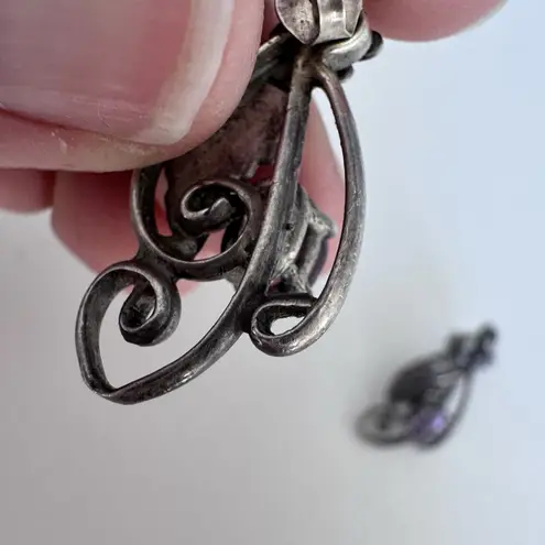 Vintage Sterling Silver Amethyst Orchid Feather Southwestern Drop Earrings Estat