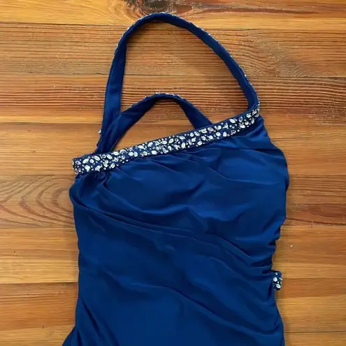 Hailey Logan Adrianna Papell Blue One shoulder Knit Evening Gown Womens Size 7/8