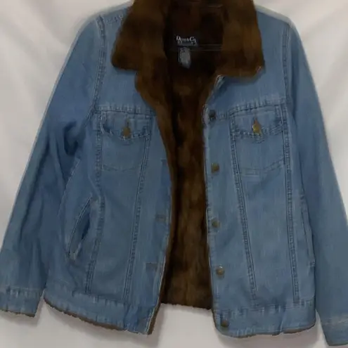 Denim&Co Blue Jacket Brown Faux Fur lining pockets Wo size smallclean condition