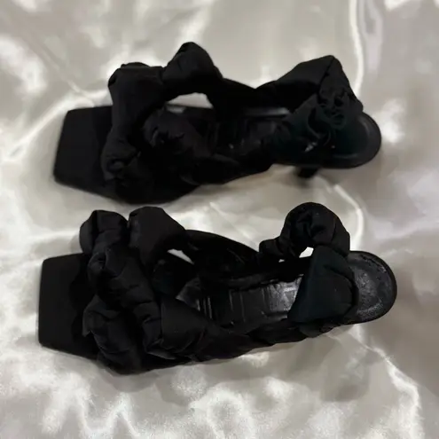 Ganni Knotted Satin Slingback Sandals Kitten Heels Open Toe Puffy Black Size 6