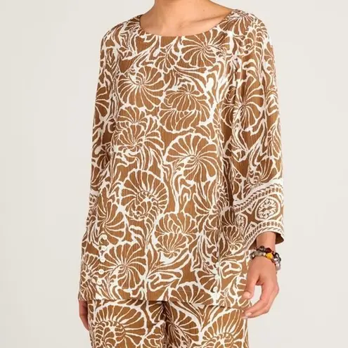 Soft Surroundings Oceo Gauze Nautical Shells Neutral Tunic Top Pants Set P XL