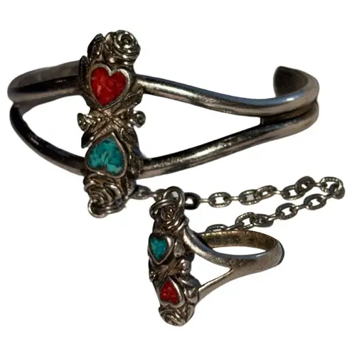 Vintage Native American Southwestern Inlaid Hearts Slave Bracelet/Ring Silver