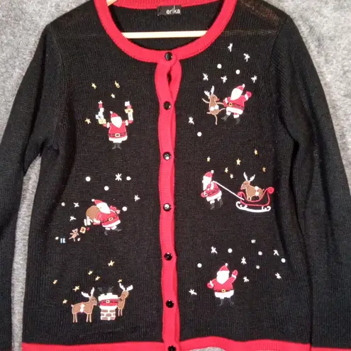 Erika Black Christmas Holiday Natti Style Cardigan Button Up Womens Medium