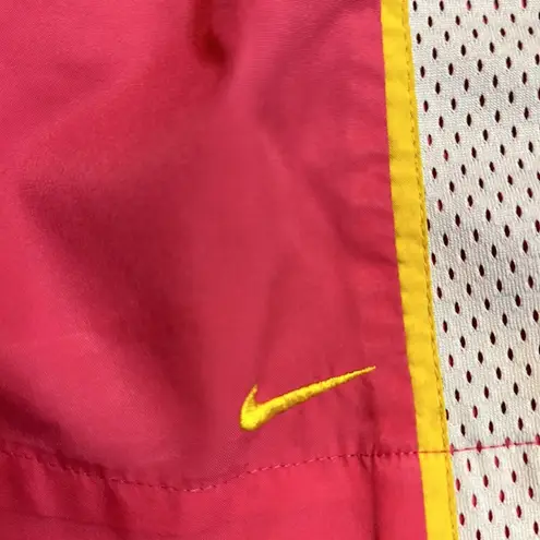 Nike  Swoosh Athletic Shorts. Pink with yellow stripes edging white mesh