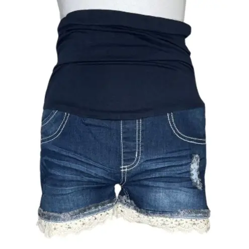 Bella Vida Women's Maternity Jeans Shorts Belly Band Blue Eyelet Lace Cuffs Sz S