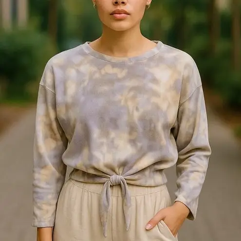 Tie Dye Boho Sweatshirt Pullover with Tied Front Waist by HASHTAG ~ Women's MED Gray