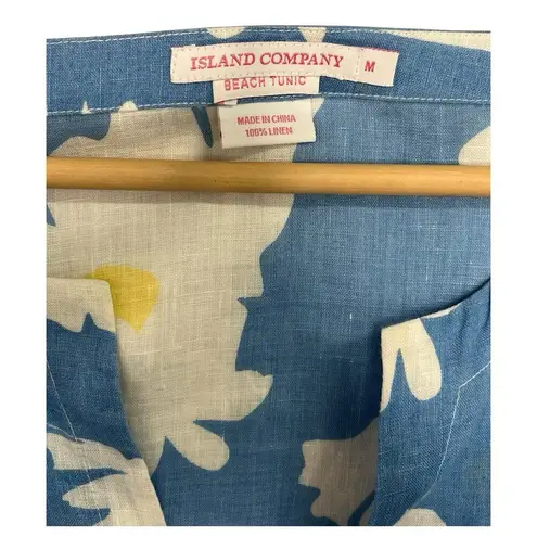 Island Company Top Womens Medium Blue Linen Floral Beach Cottage Coastal Boho