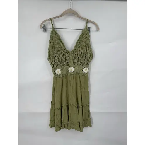 Indulge Festival Crochet Fairy Hippie Mini Dress Women L Green Goblin Earthy Y2K