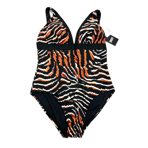 DKNY  TIGER BLACK Plunging Animal Print One Piece Black & Brown Swimsuit NWT 8