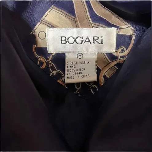 Vintage Bogari 100% Silk Jacket Navy, Beige, and Gold Zip Up Women's Size Medium Blue