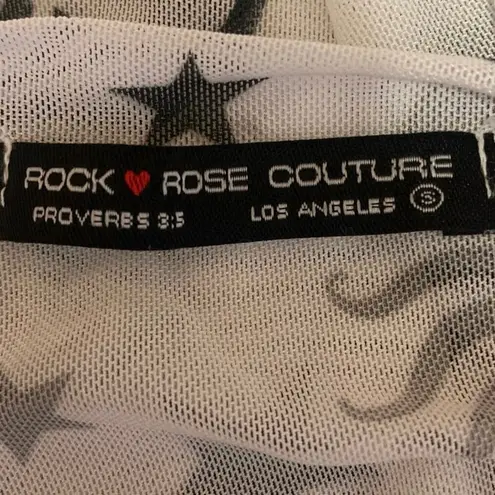 Rock Rose Couture White Black Metal Sun Moon Star Crew Neck T Shirt Top Size S